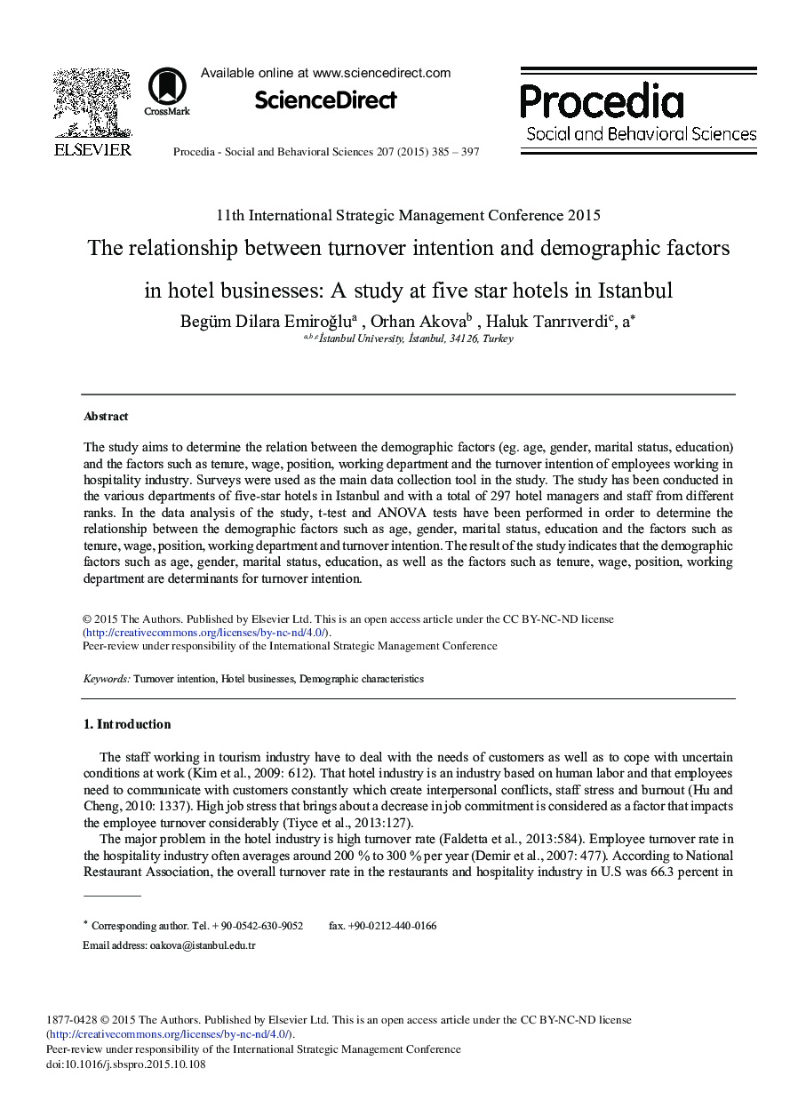 The Relationship Between Turnover Intention and Demographic Factors in Hotel Businesses: A Study at Five Star Hotels in Istanbul 