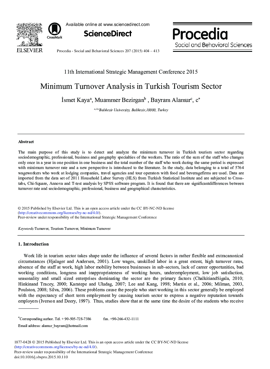 Minimum Turnover Analysis in Turkish Tourism Sector 