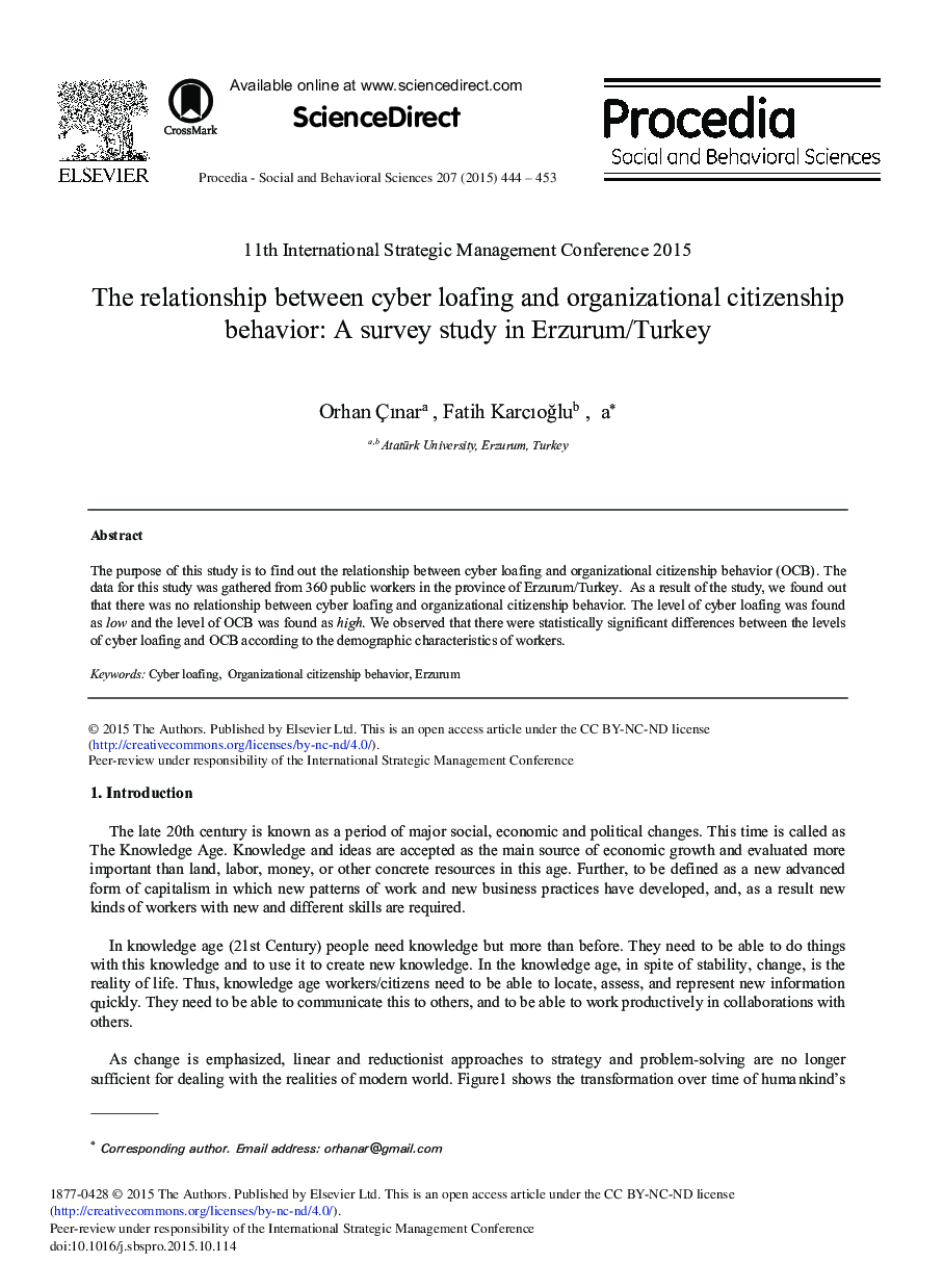 The Relationship between Cyber Loafing and Organizational Citizenship Behavior: A Survey Study in Erzurum/Turkey 