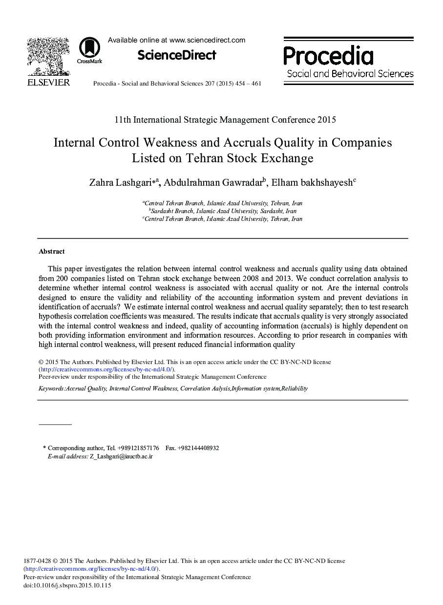 Internal Control Weakness and Accruals Quality in Companies Listed on Tehran Stock Exchange 