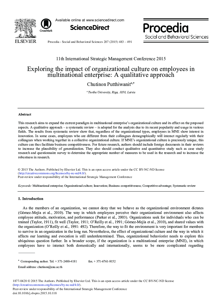 Exploring the Impact of Organizational Culture on Employees in Multinational Enterprise: A Qualitative Approach 