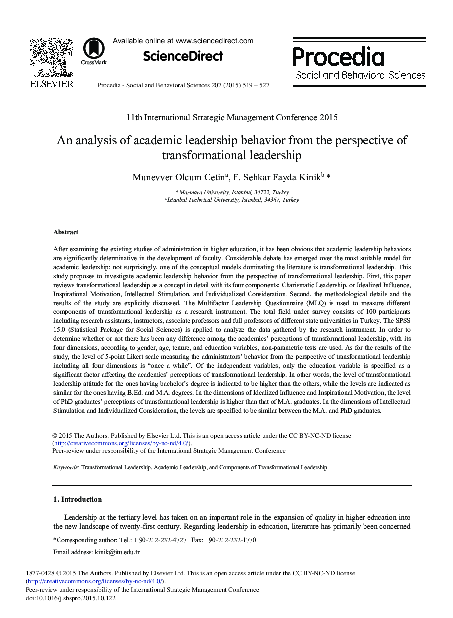 An Analysis of Academic Leadership Behavior from the Perspective of Transformational Leadership 