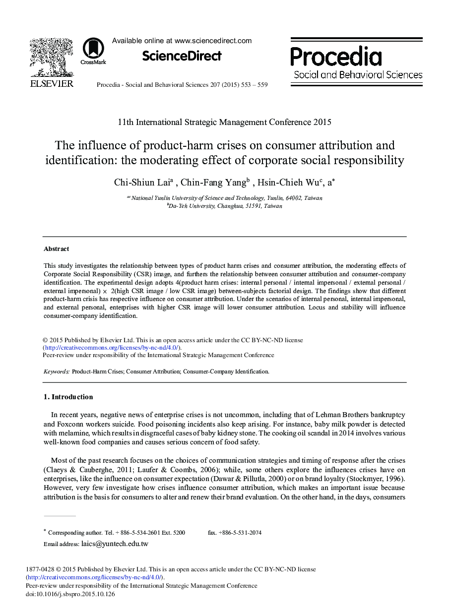 The Influence of Product-harm Crises on Consumer Attribution and Identification: The Moderating Effect of Corporate Social Responsibility 