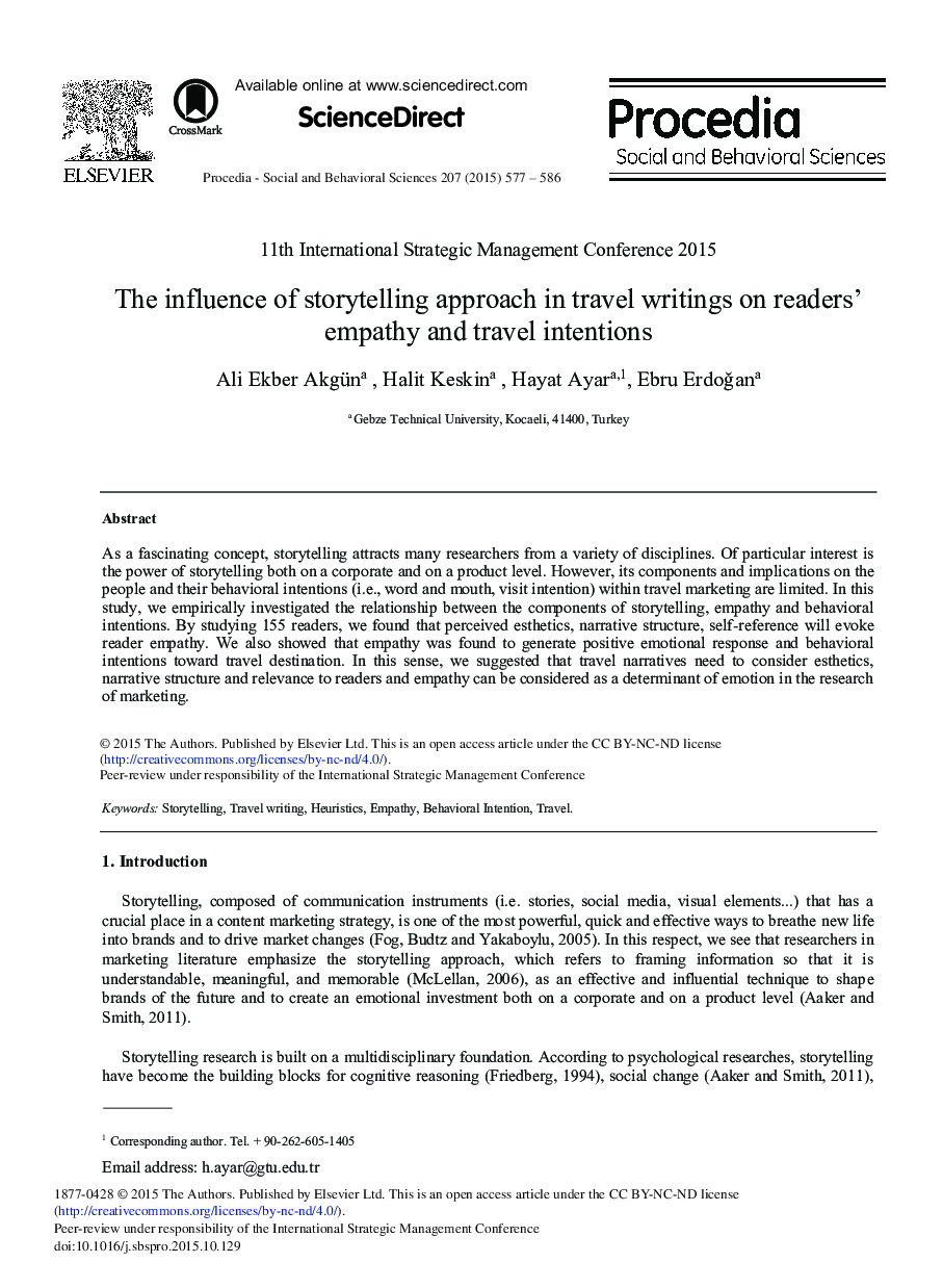 The Influence of Storytelling Approach in Travel Writings on Readers’ Empathy and Travel Intentions 