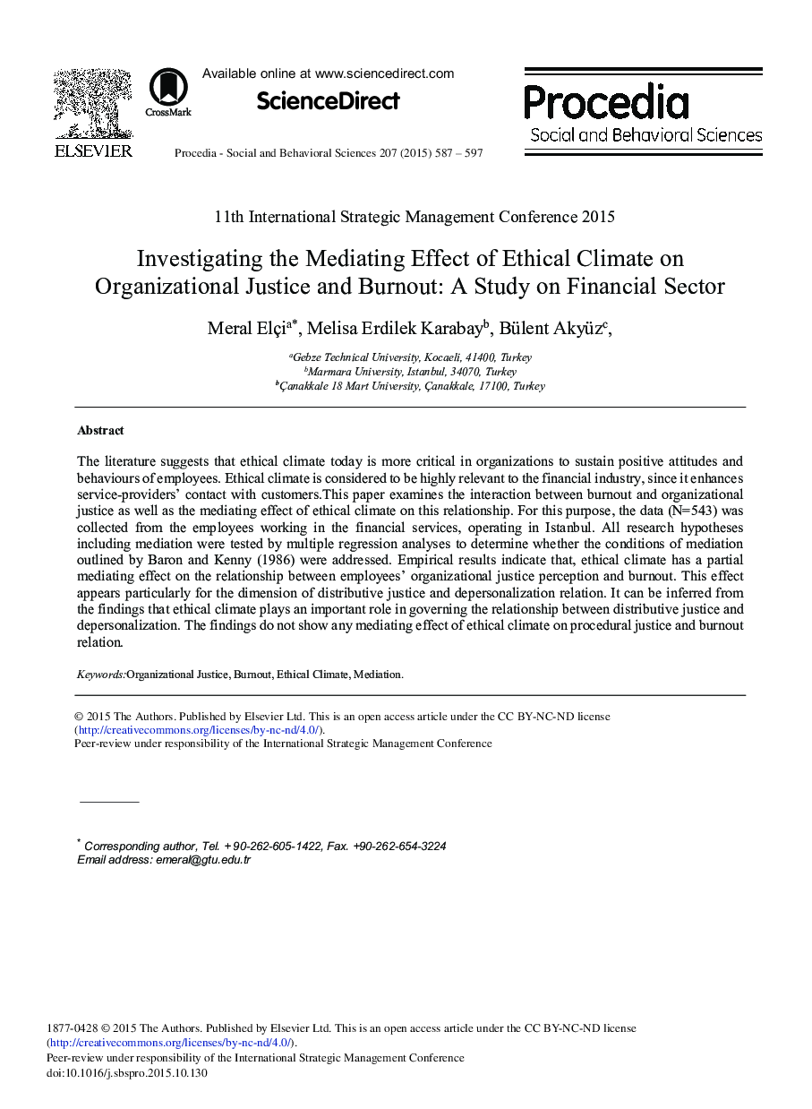 Investigating the Mediating Effect of Ethical Climate on Organizational Justice and Burnout: A Study on Financial Sector 