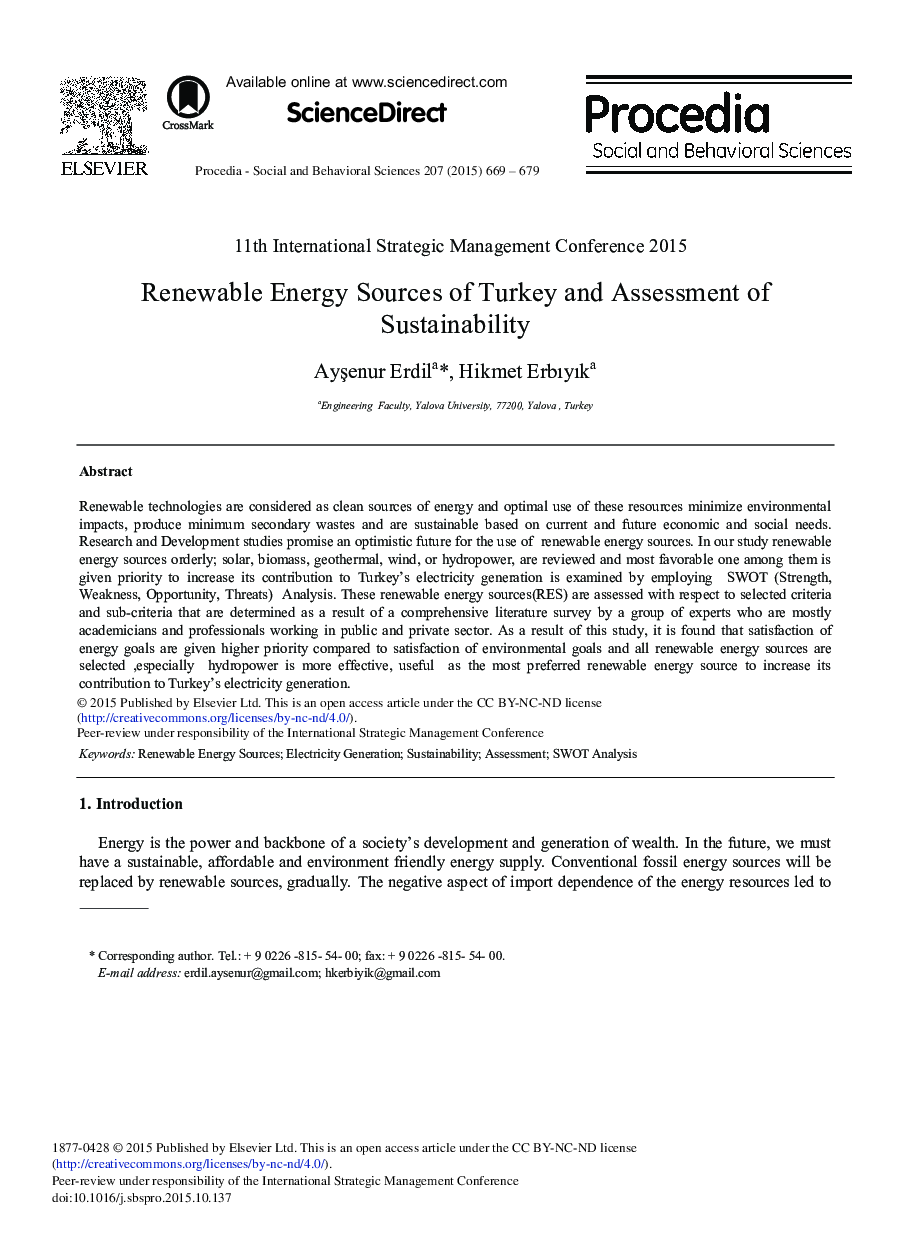 Renewable Energy Sources of Turkey and Assessment of Sustainability 