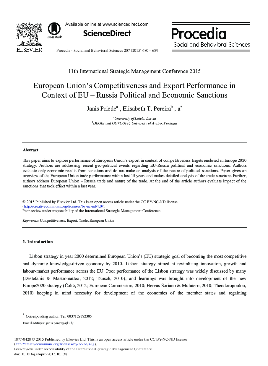 European Union's Competitiveness and Export Performance in Context of EU – Russia Political and Economic Sanctions 