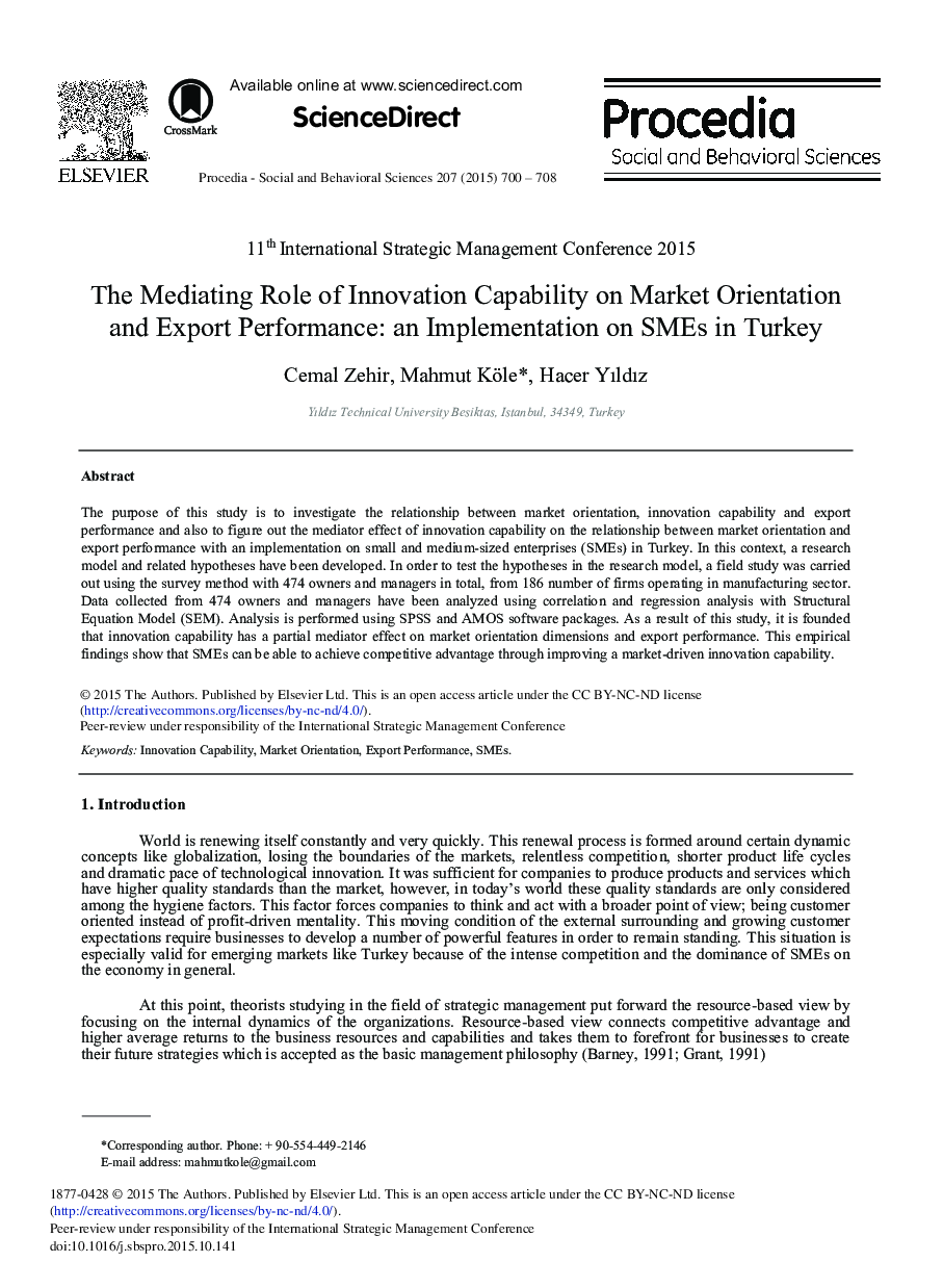 The Mediating Role of Innovation Capability on Market Orientation and Export Performance: An Implementation on SMEs in Turkey 