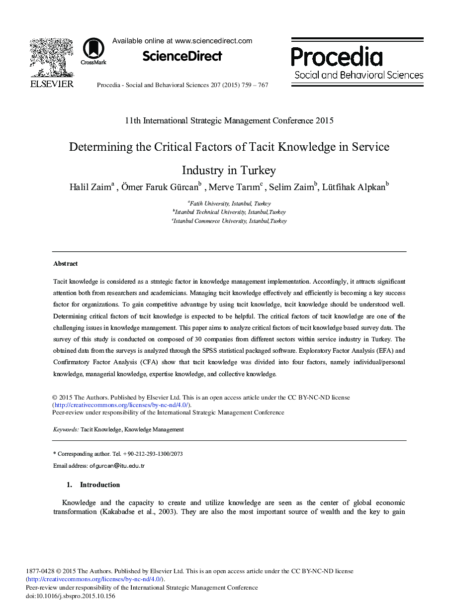 Determining the Critical Factors of Tacit Knowledge in Service Industry in Turkey 