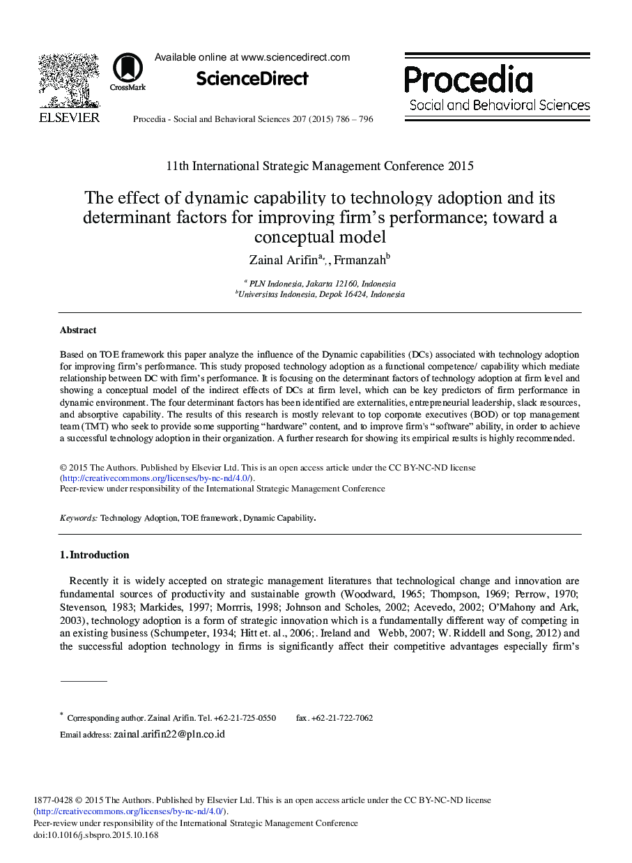 The Effect of Dynamic Capability to Technology Adoption and its Determinant Factors for Improving Firm's Performance; Toward a Conceptual Model 