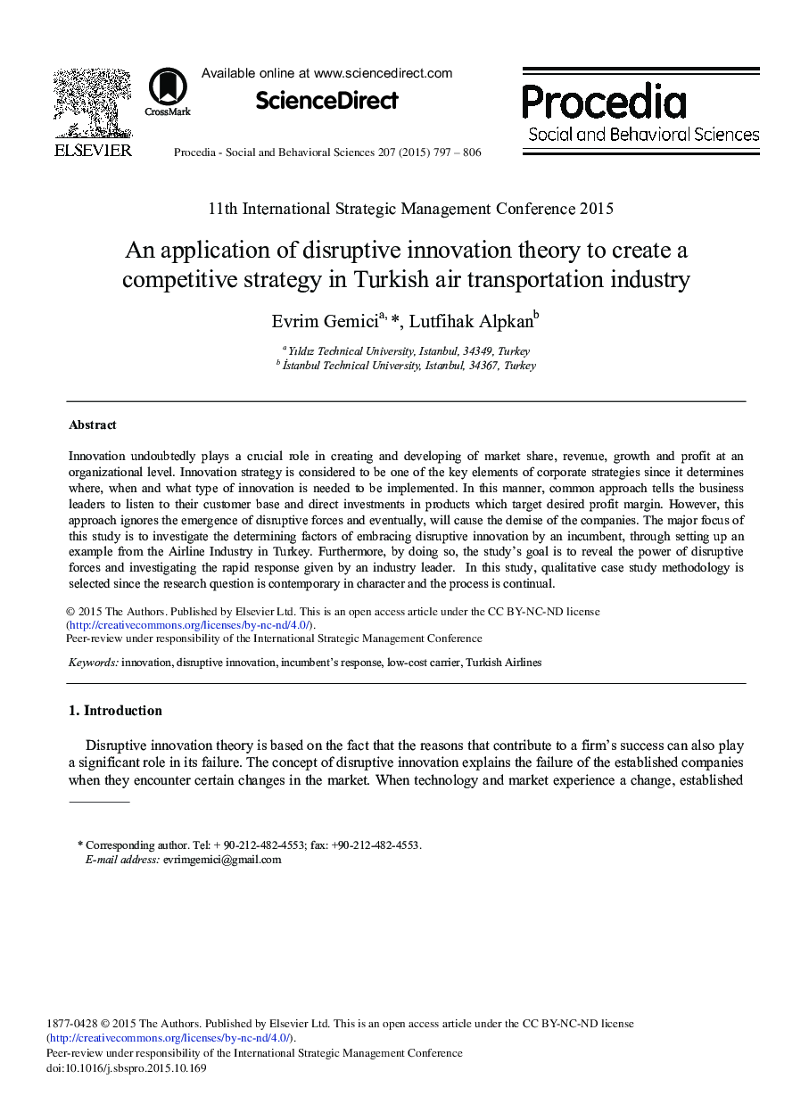 An Application of Disruptive Innovation Theory to Create a Competitive Strategy in Turkish Air Transportation Industry 