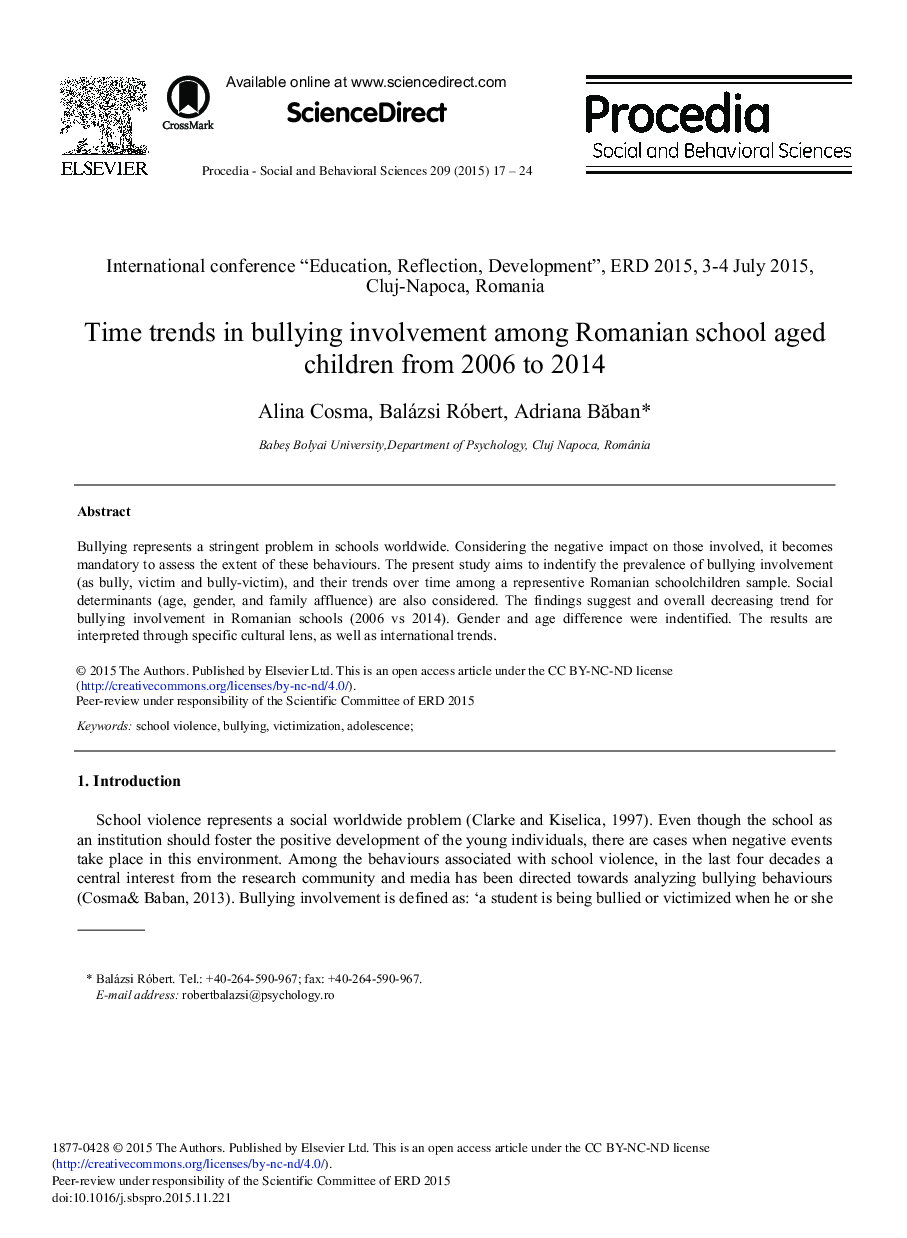 Time Trends in Bullying Involvement among Romanian School Aged Children from 2006 to 2014 