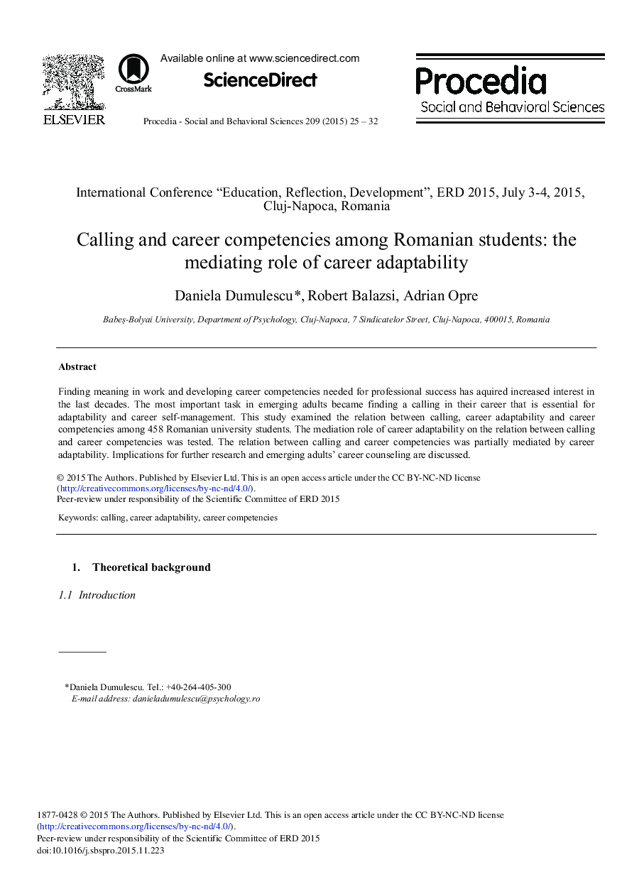 Calling and Career Competencies among Romanian Students: The Mediating Role of Career Adaptability 