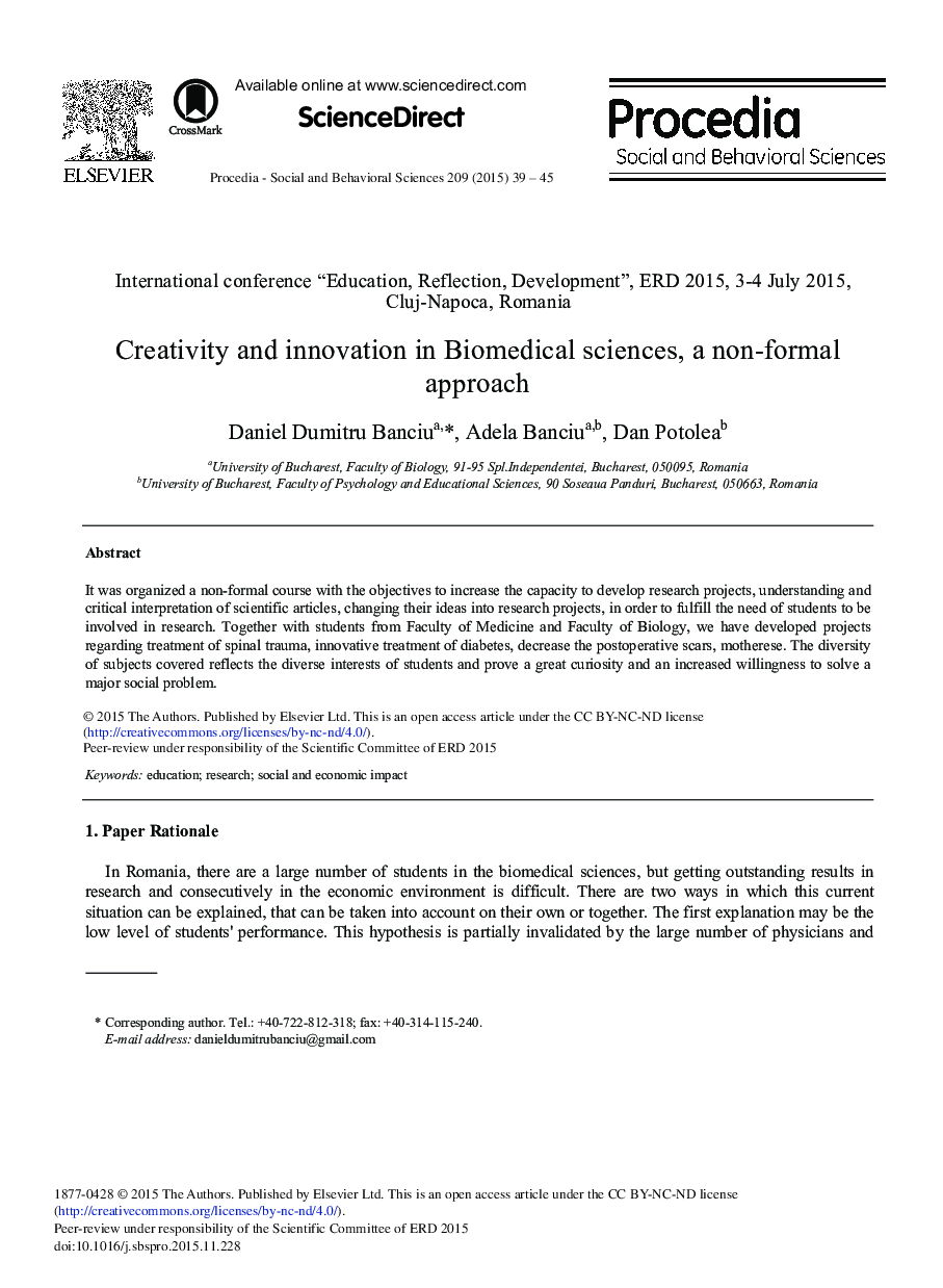 Creativity and Innovation in Biomedical Sciences, a Non-formal Approach 