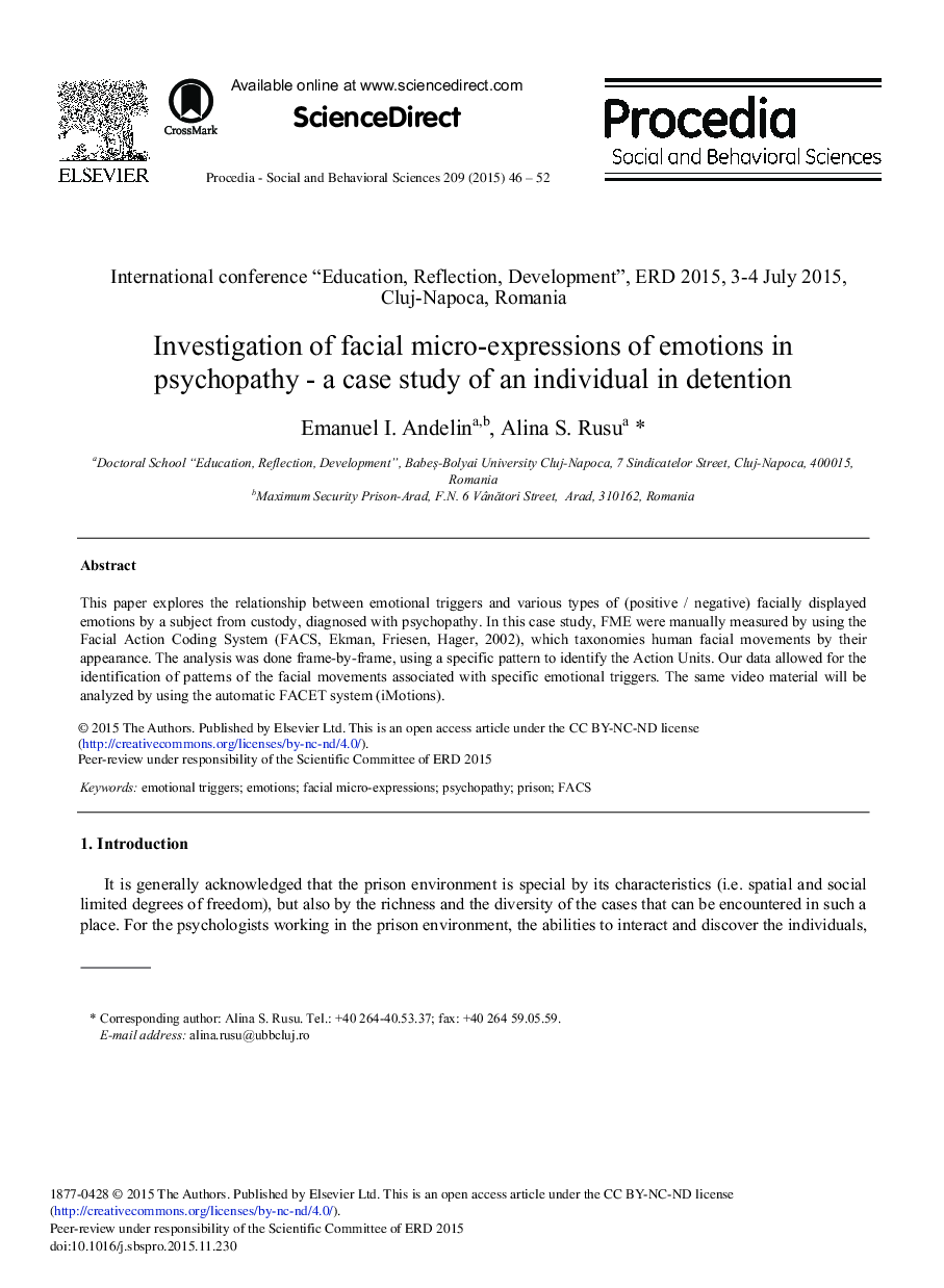 Investigation of Facial Micro-expressions of Emotions in Psychopathy – A Case Study of an Individual in Detention 