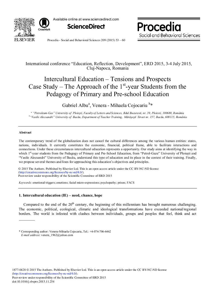 Intercultural Education – Tensions and Prospects Case Study – The Approach of the 1st-year Students from the Pedagogy of Primary and Pre-school Education 