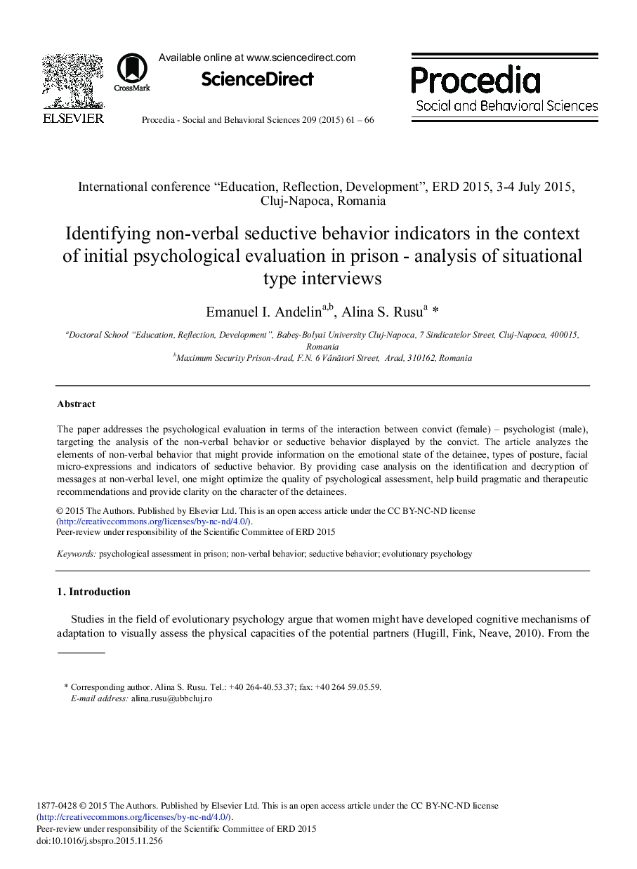 Identifying Non-verbal Seductive Behavior Indicators in the Context of Initial Psychological Evaluation in Prison – Analysis of Situational Type Interviews 