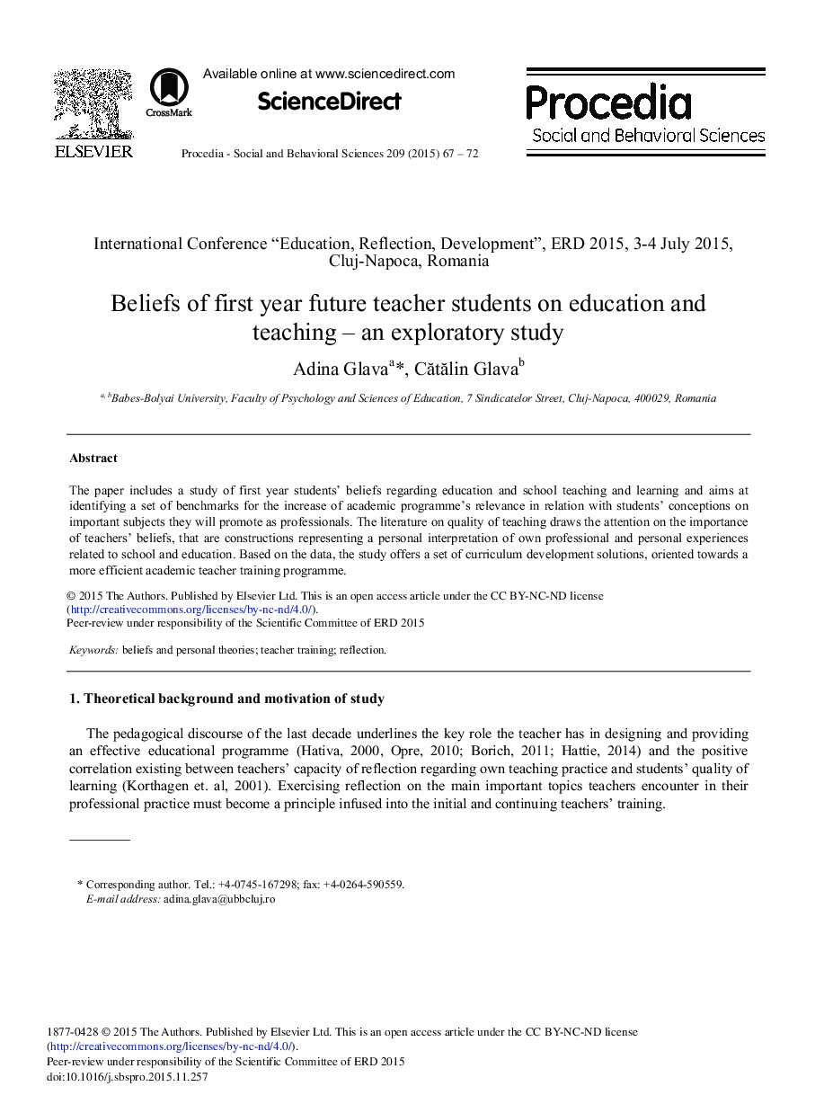 Beliefs of First Year Future Teacher Students on Education and Teaching – An Exploratory Study 