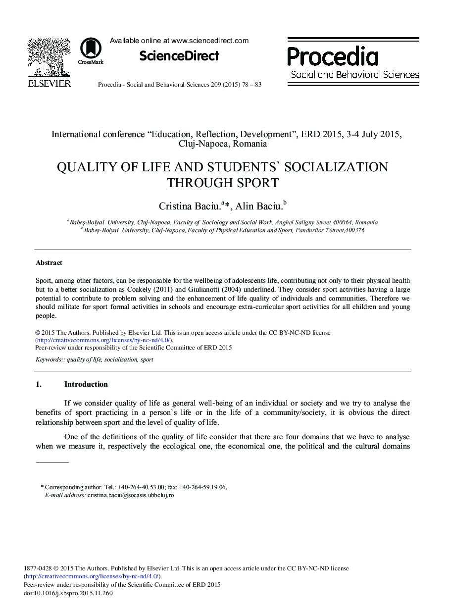 Quality of Life and Students’ Socialization through Sport 