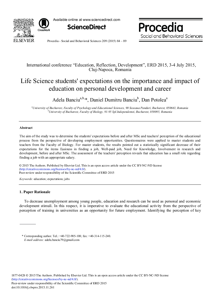 Life Science Students’ Expectations on the Importance and Impact of Education on Personal Development and Career 