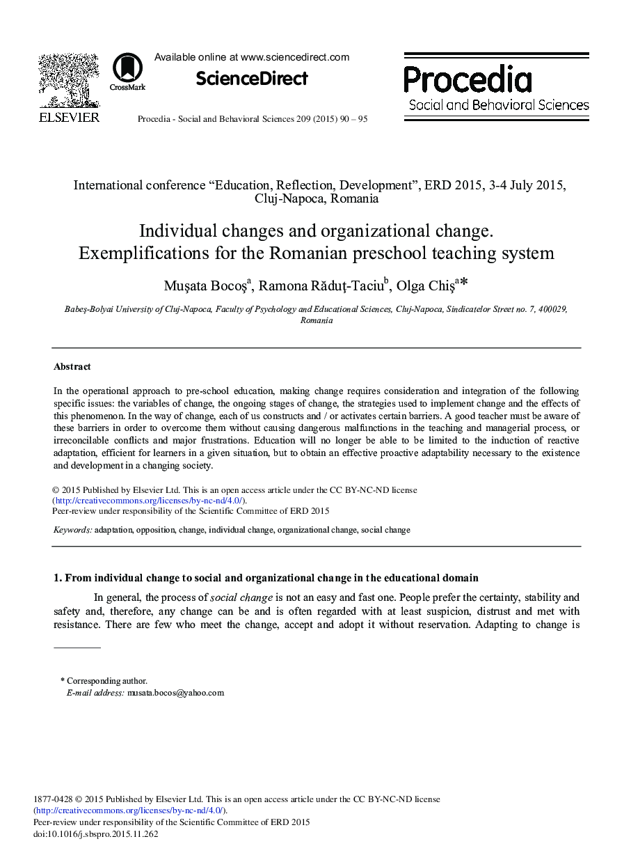 Individual Changes and Organizational Change. Exemplifications for the Romanian Preschool Teaching System 