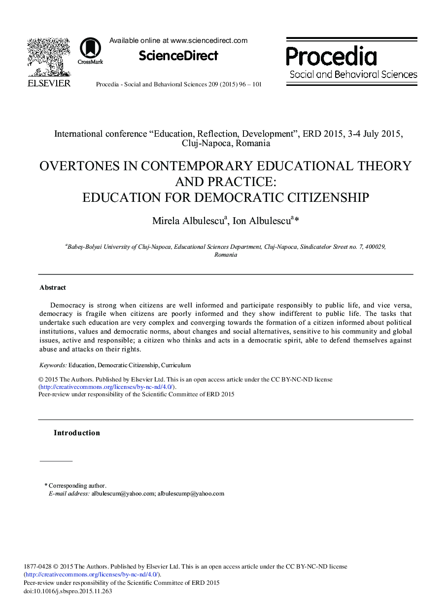 Overtones in Contemporary Educational Theory and Practice: Education for Democratic Citizenship 