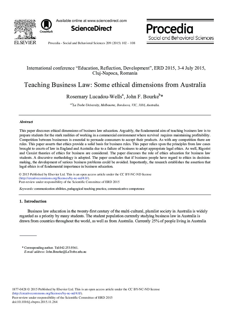 Teaching Business Law: Some Ethical Dimensions from Australia 