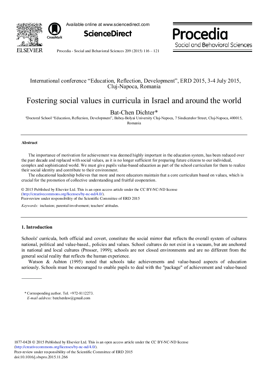 Fostering Social Values in Curricula in Israel and Around the World 