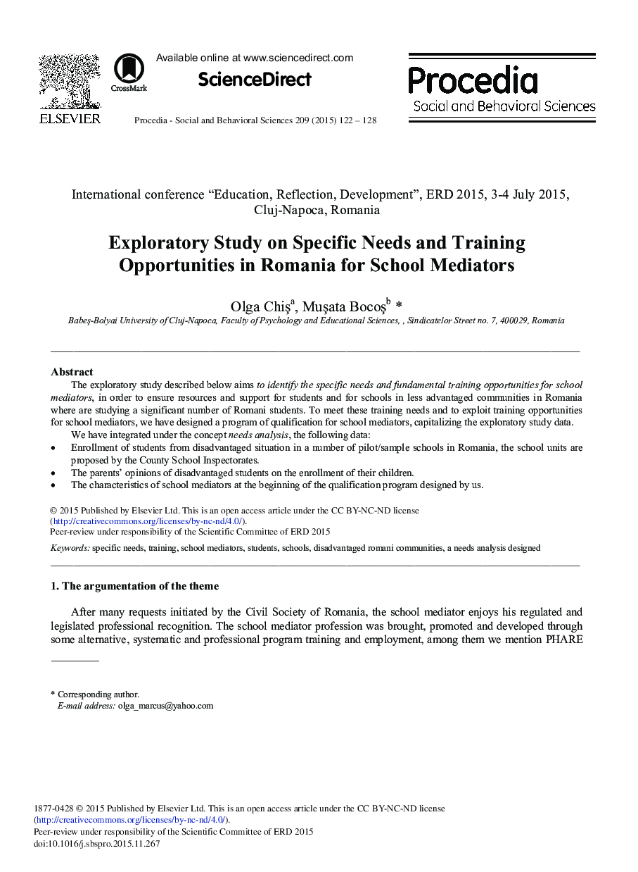 Exploratory Study on Specific Needs and Training Opportunities in Romania for School Mediators 