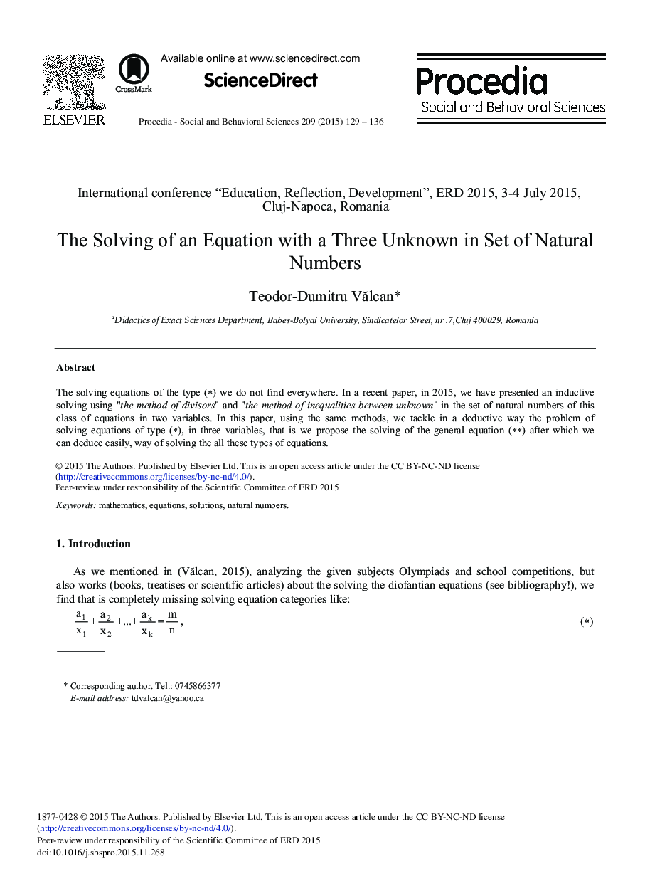 The Solving of an Equation with a Three Unknown in Set of Natural Numbers 