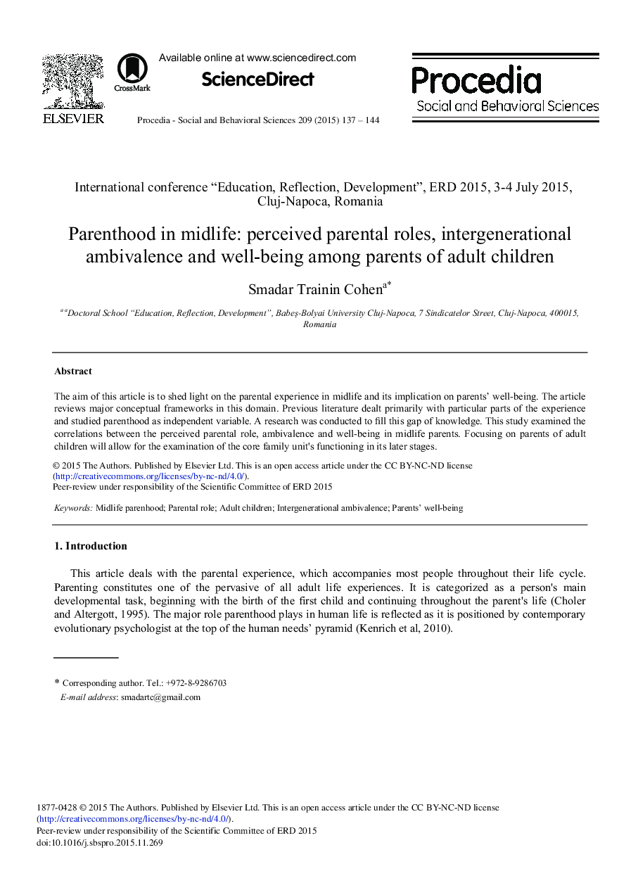 Parenthood in Midlife: Perceived Parental Roles, Intergenerational Ambivalence and Well-being among Parents of Adult Children 