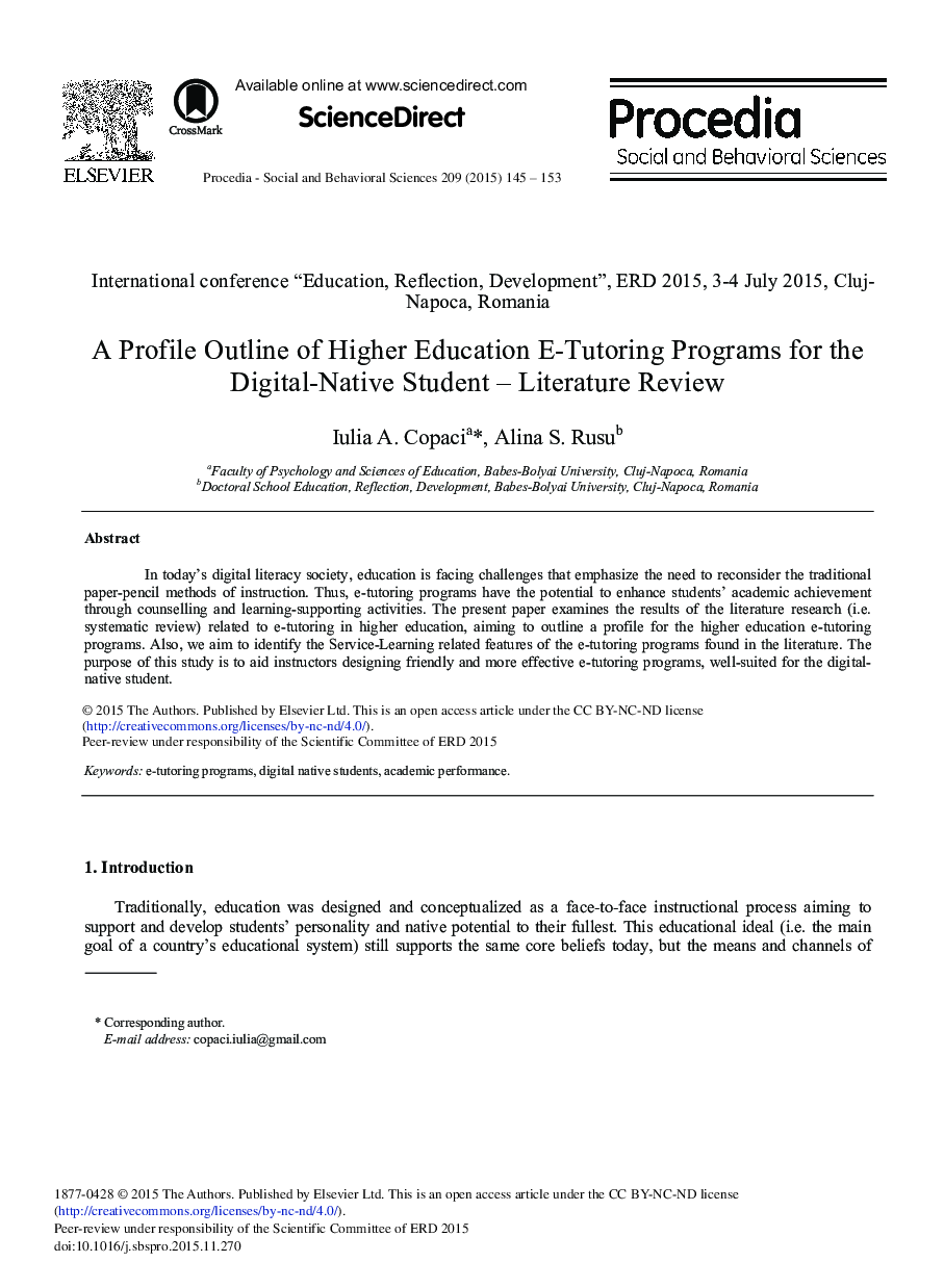 A Profile Outline of Higher Education E-Tutoring Programs for the Digital-Native Student – Literature Review 