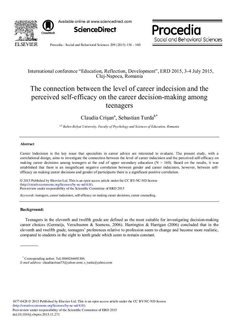 The Connection between the Level of Career Indecision and the Perceived Self-efficacy on the Career Decision-making among Teenagers 