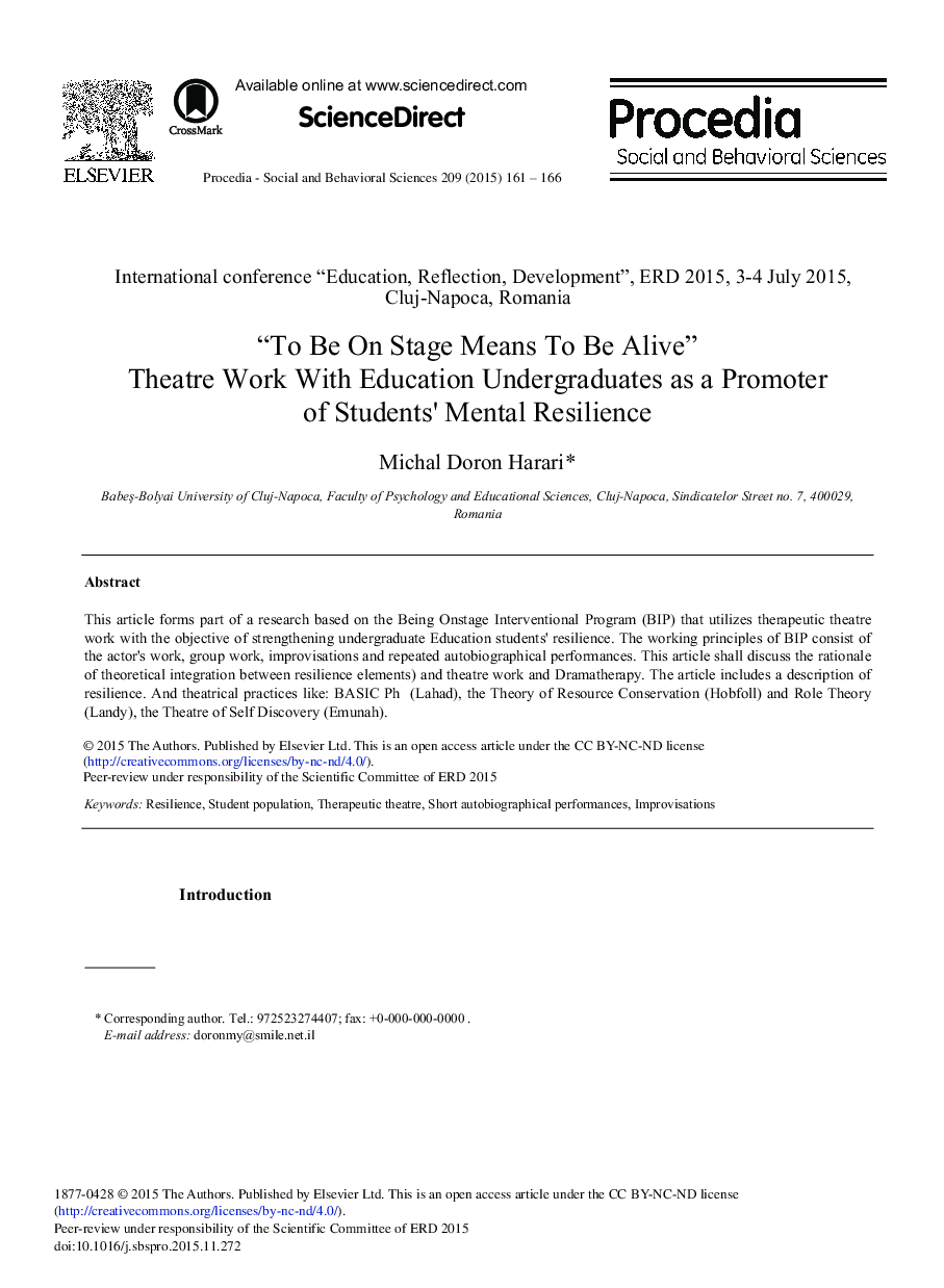 “To Be On Stage Means To Be Alive” Theatre Work with Education Undergraduates as a Promoter of Students’ Mental Resilience 