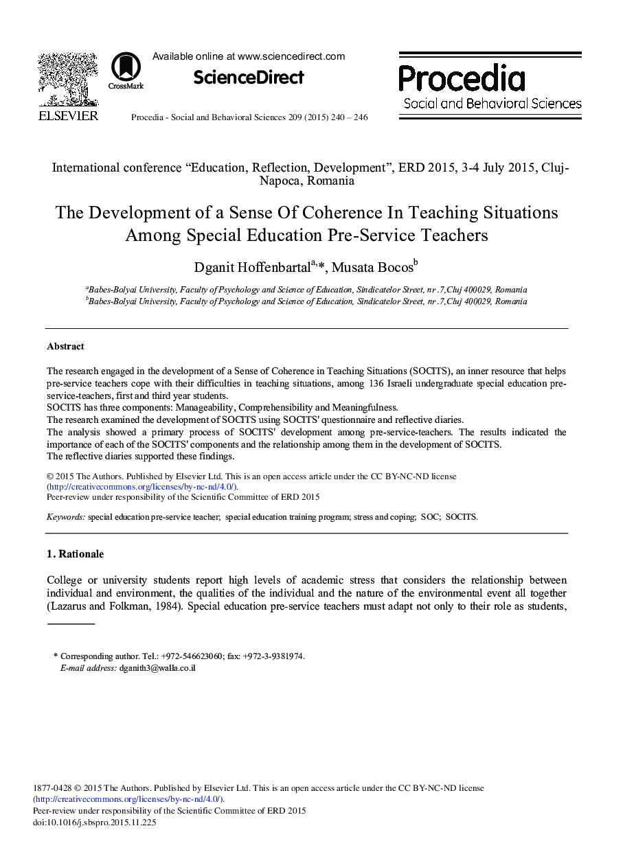 The Development of a Sense of Coherence in Teaching Situations among Special Education Pre-service Teachers 