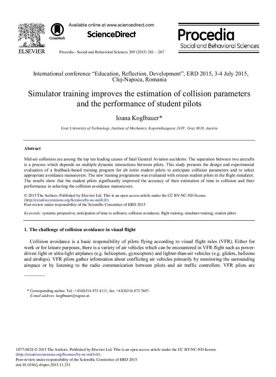 Simulator Training Improves the Estimation of Collision Parameters and the Performance of Student Pilots 