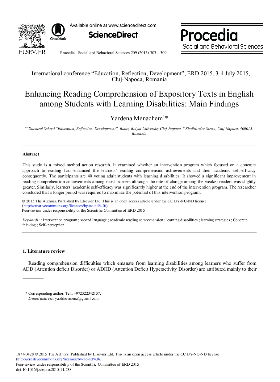 Enhancing Reading Comprehension of Expository Texts in English among Students with Learning Disabilities: Main Findings 