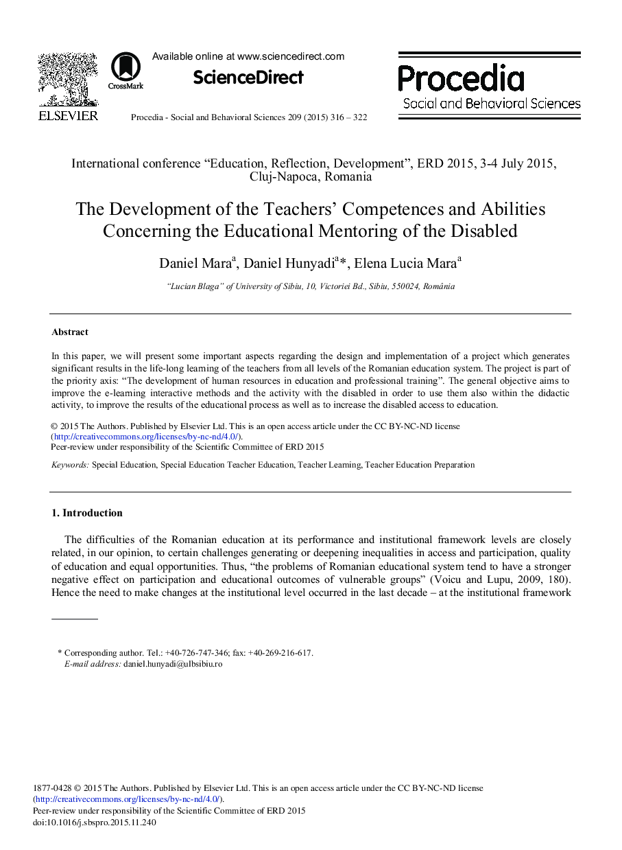 The Development of the Teachers’ Competences and Abilities Concerning the Educational Mentoring of the Disabled 