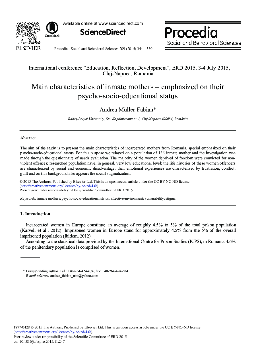 Main Characteristics of Inmate Mothers – Emphasized on their Psycho-socio-educational Status 