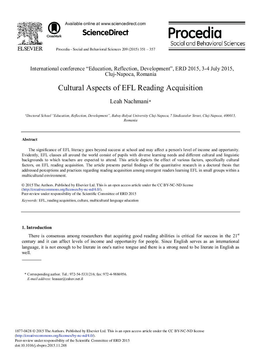 Cultural Aspects of EFL Reading Acquisition 