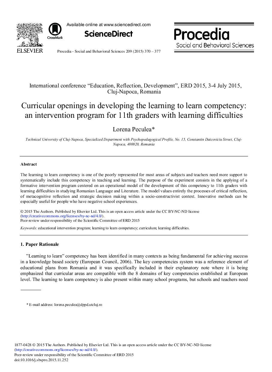 Curricular Openings in Developing the Learning to Learn Competency: An Intervention Program for 11th Graders with Learning Difficulties 