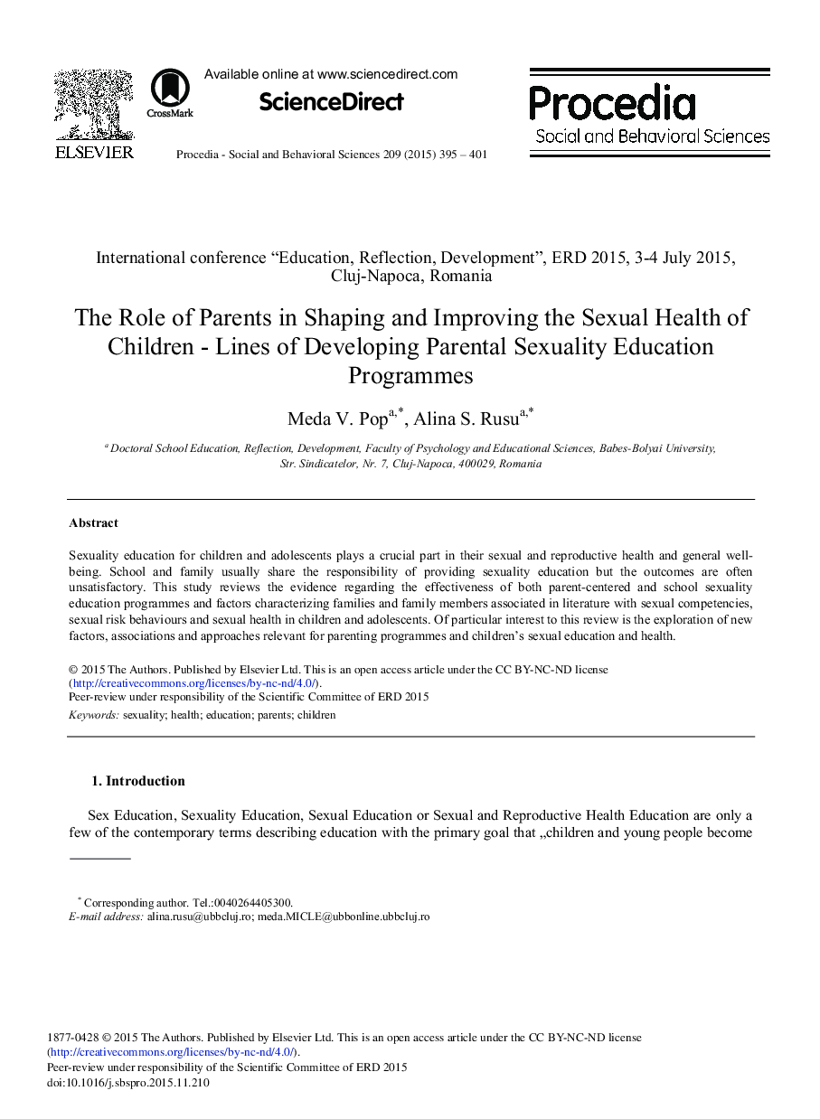 The Role of Parents in Shaping and Improving the Sexual Health of Children – Lines of Developing Parental Sexuality Education Programmes 