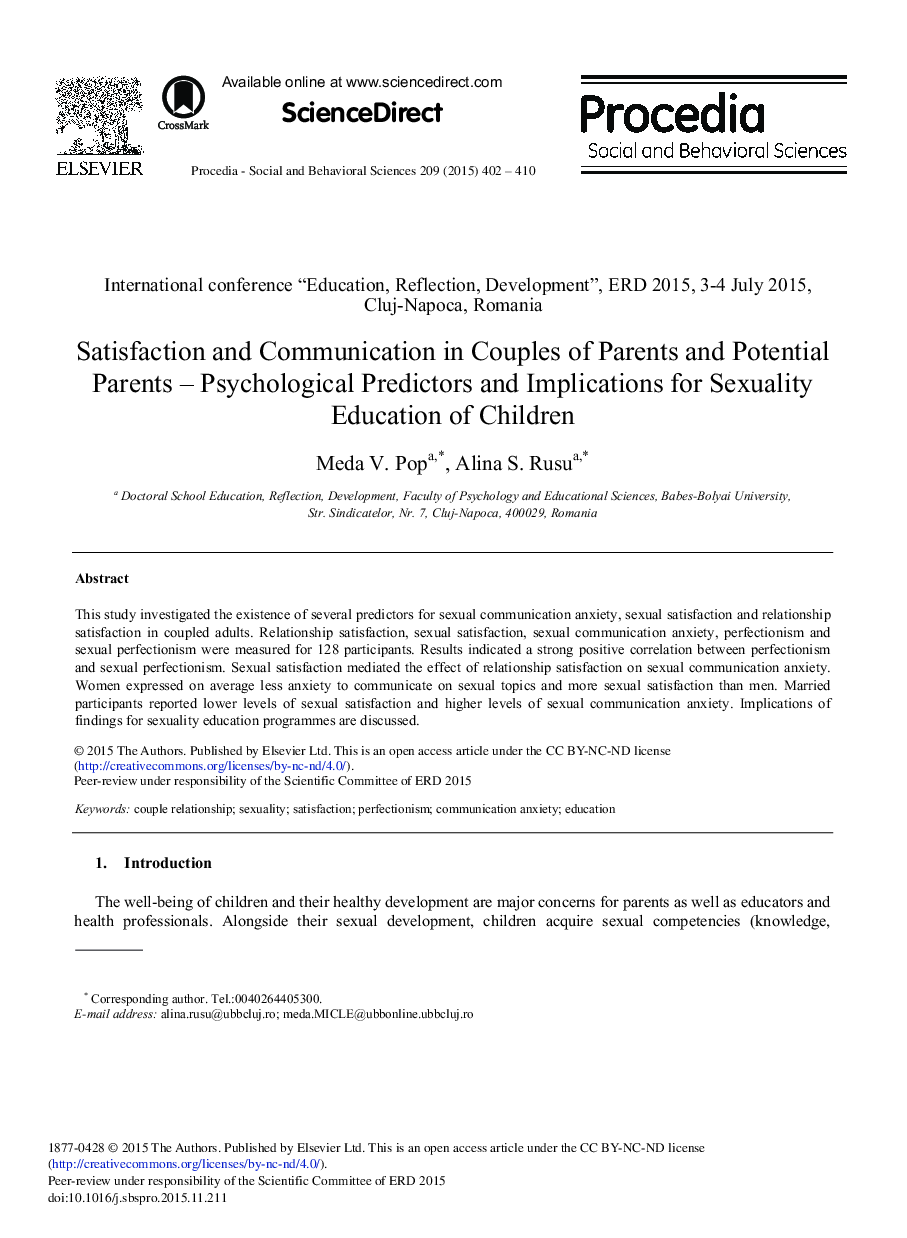 Satisfaction and Communication in Couples of Parents and Potential Parents – Psychological Predictors and Implications for Sexuality Education of Children 