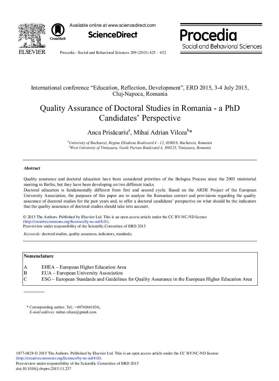 Quality Assurance of Doctoral Studies in Romania – A PhD Candidates’ Perspective 