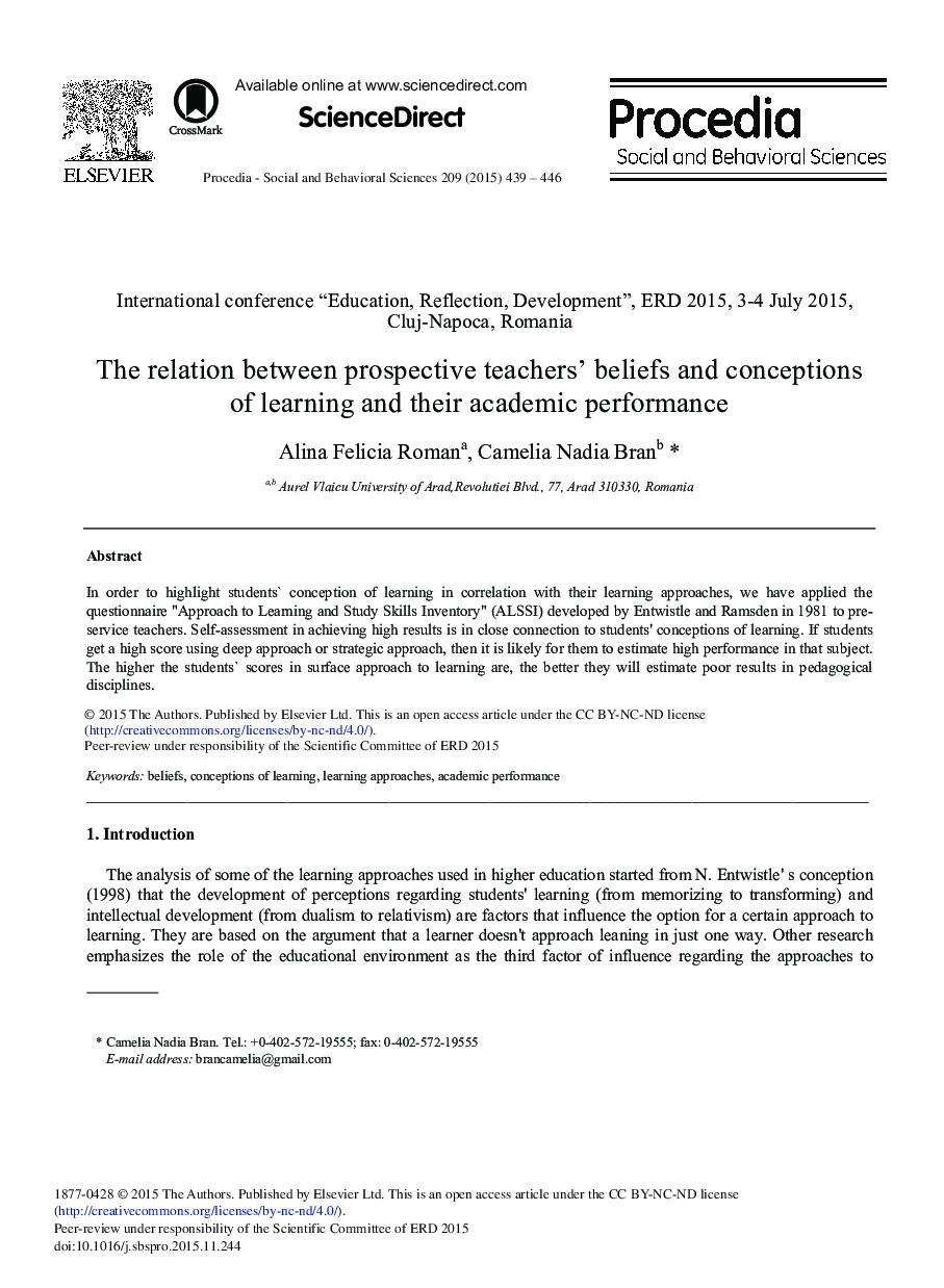 The Relation between Prospective Teachers’ Beliefs and Conceptions of Learning and their Academic Performance 