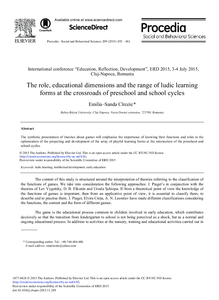 The Role, Educational Dimensions and the Range of Ludic Learning Forms at the Crossroads of Preschool and School Cycles 