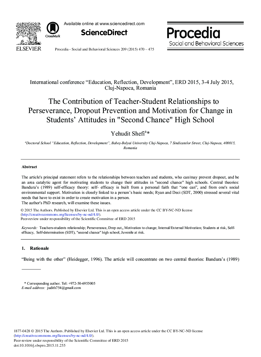 The Contribution of Teacher-Student Relationships to Perseverance, Dropout Prevention and Motivation for Change in Students’ Attitudes in “Second Chance” High School 