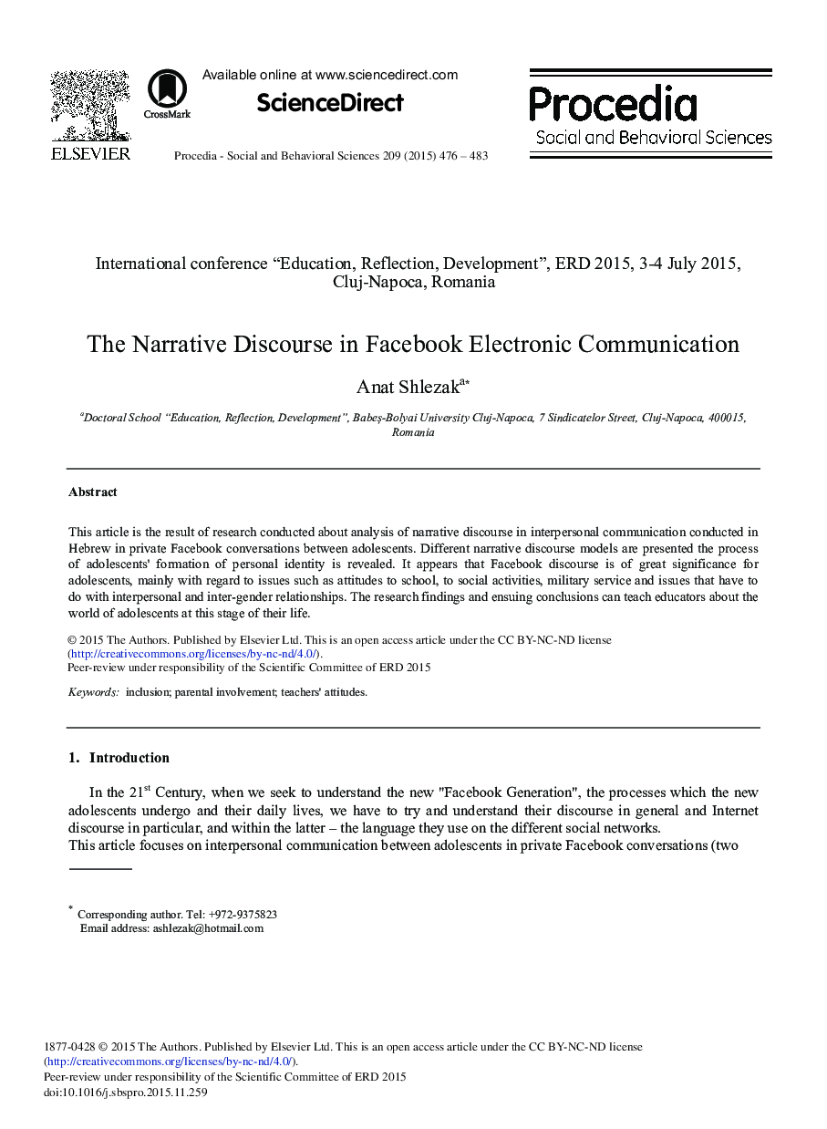 The Narrative Discourse in Facebook Electronic Communication 