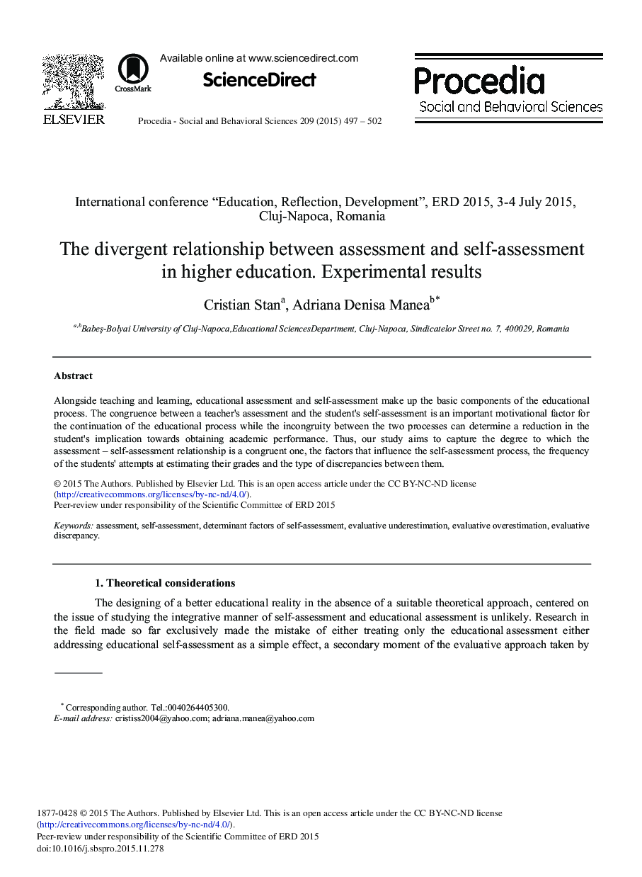 The Divergent Relationship between Assessment and Self-assessment in Higher Education. Experimental Results 