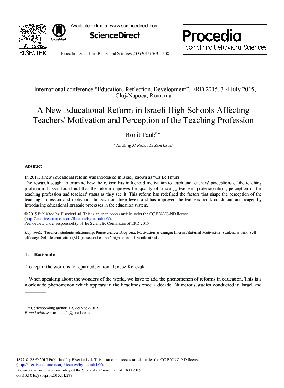 A New Educational Reform in Israeli High Schools Affecting Teachers’ Motivation and Perception of the Teaching Profession 